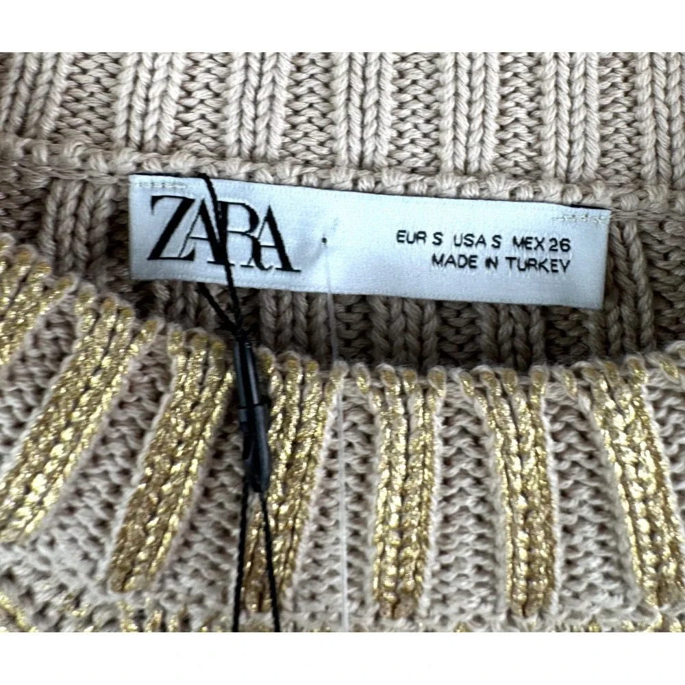 Zara Metallic Gold Knit‎ Sweater Distressed Cropped boho Chunky ribbed Y2K sz S